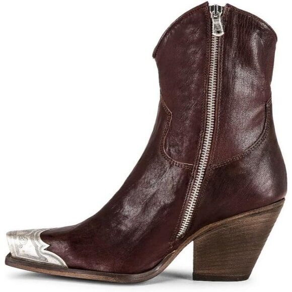 Women's Brown Western Cowgirl Ankle Boots Stacked Block Heel Steel Toe Heeled - Picture 5 of 7